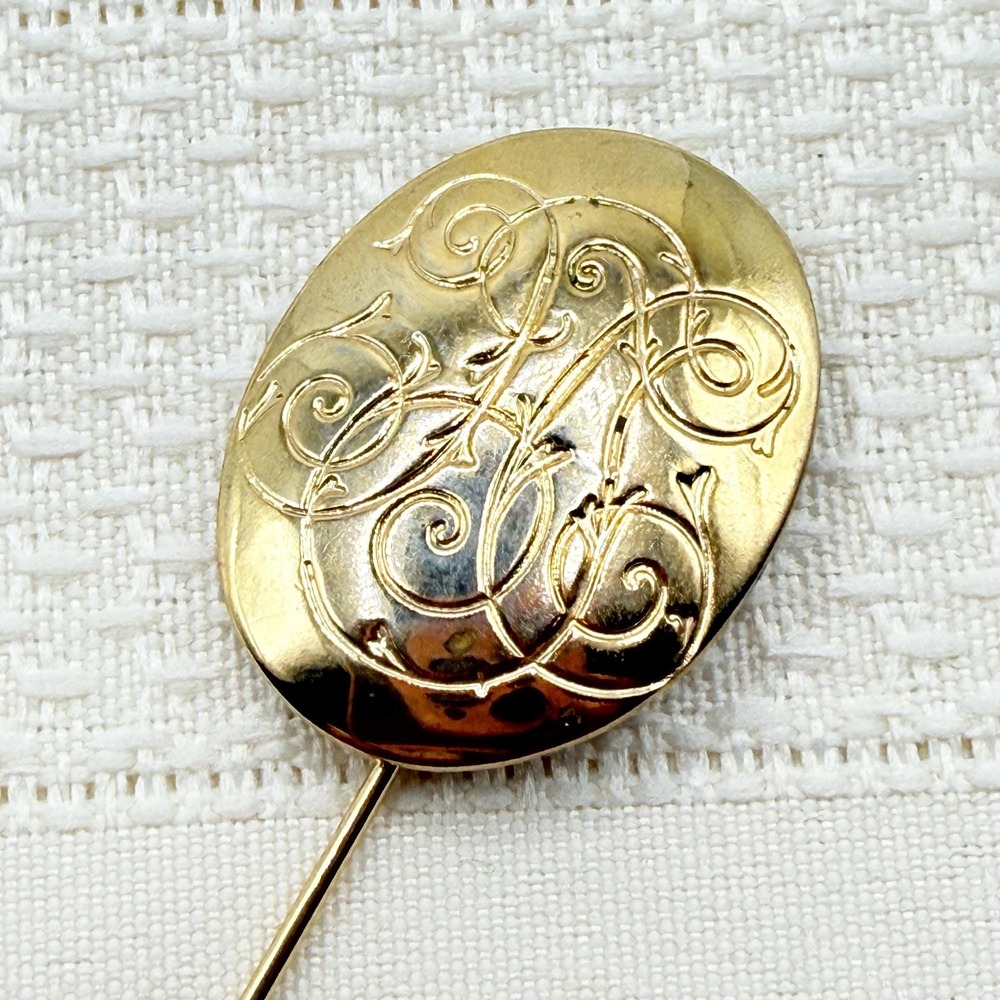 Vintage Gold Tone Victorian Revival Script Swirl Monogram Ornate Stick/Hat Pin